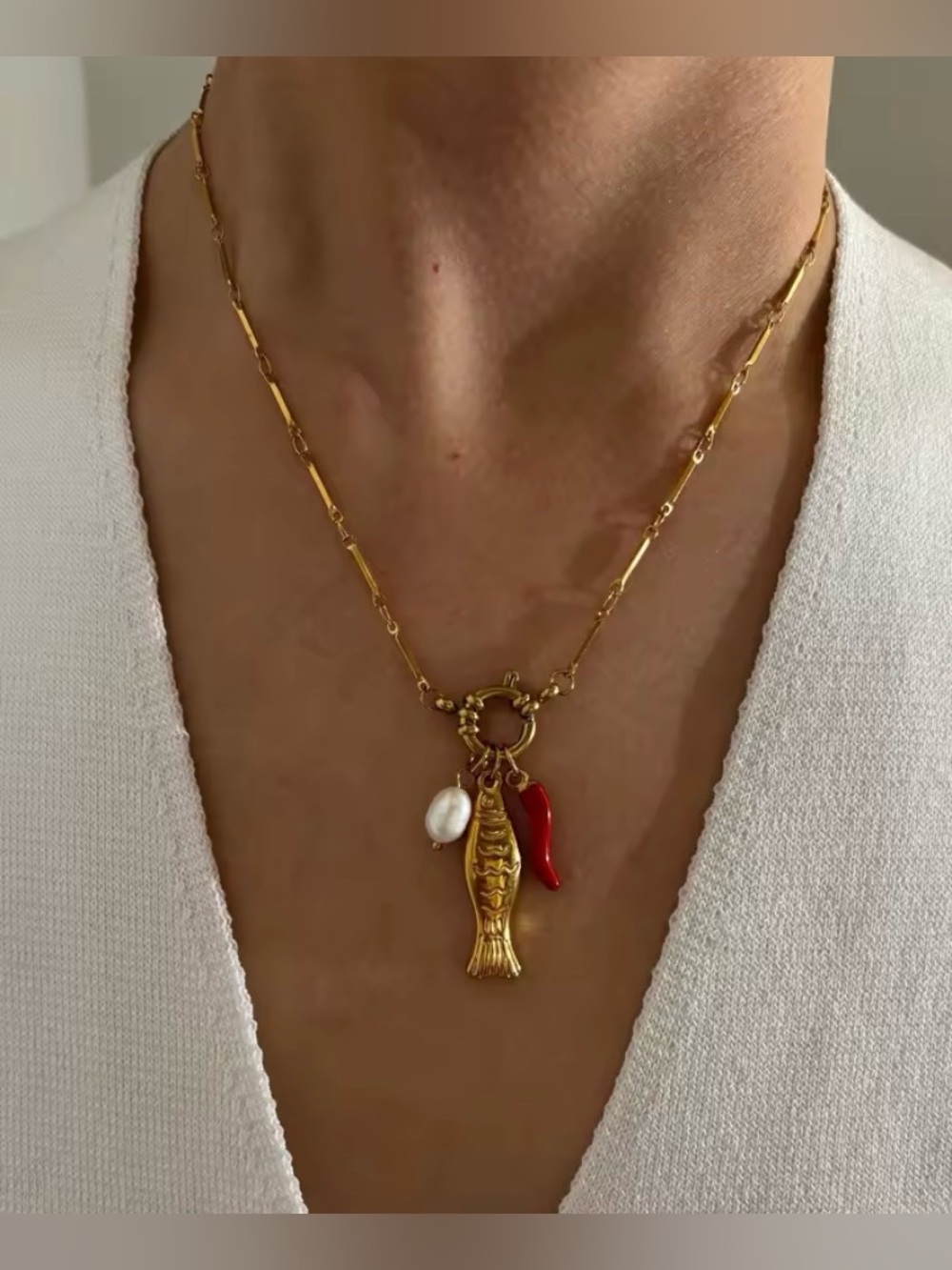 Pearl &Fish Pendant Chain Necklace 18K Gold Filled